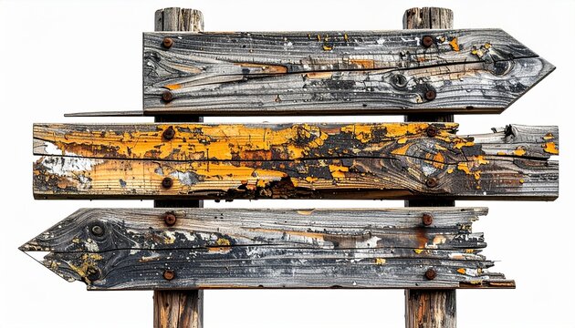 Weathered wooden directional signpost with multiple blank arrow boards, rustic aged wood texture, isolated design element