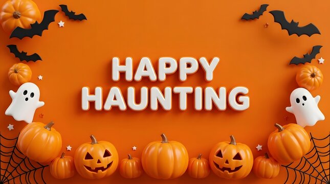 Happy haunting text with pumpkins and ghosts on an orange halloween holiday background