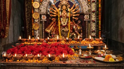 Fototapeta premium Maha Navami Durga Puja Altar with Glowing Diyas, Hibiscus Flowers and Goddess Durga