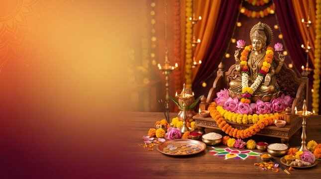 Diwali Lakshmi Puja Festival Banner with Goddess Lakshmi, Lotus, Diyas, Coins and Copy Space
