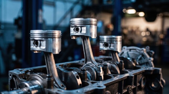 Detailed view of car engine pistons and connecting rods exposed in cylinder block, automotive repair and maintenance, mechanical parts in workshop garage with industrial