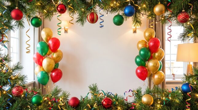 Festive christmas and new year background with colorful balloons garlands and evergreen branches