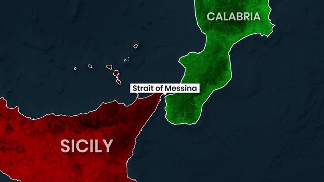 Animated map showing the Strait of Messina between Sicily and Calabria video