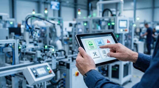 Factory worker using tablet computer to control automated production line machinery, representing Industry 4.0, smart manufacturing, industrial automation, and digital