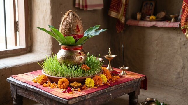 Ghatasthapana Navratri Ritual with Sacred Kalash, Coconut, Mango Leaves and Barley