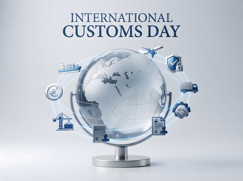 International customs day design with a world globe and global trade delivery icons
