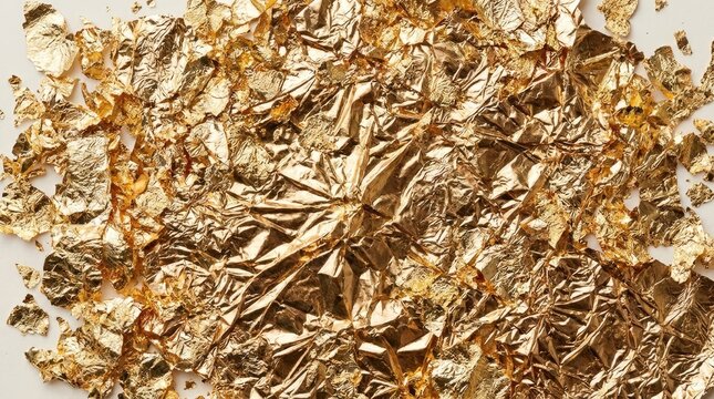 Gold leaf texture background with crumpled metallic foil flakes