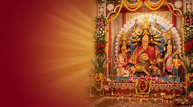 Maha Navami Durga Puja Festival Banner with Goddess Durga, Diyas and Copy Space