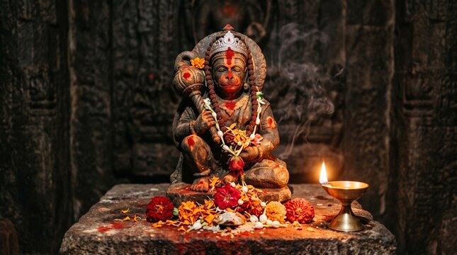 Lord Hanuman Puja Close Up with Sindoor, Red Flowers, Marigold Petals and Brass Diya