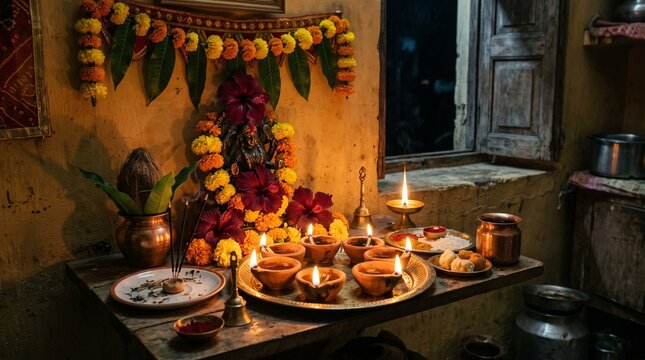 Kali Chaudas Hindu Festival Ritual with Clay Diyas, Marigold Flowers and Traditional Puja Decor