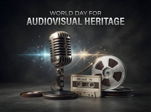 World day for audiovisual heritage concept with retro microphone and film reel elements