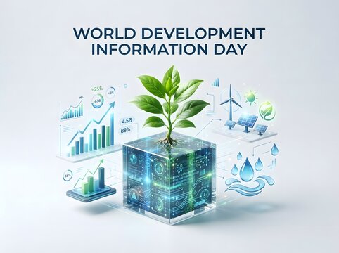World development information day concept with green plant on digital cube and icons