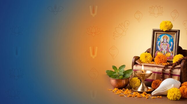 Rama Ekadashi Festival Banner with Vishnu Worship, Tulsi, Conch Shell and Golden Copy Space