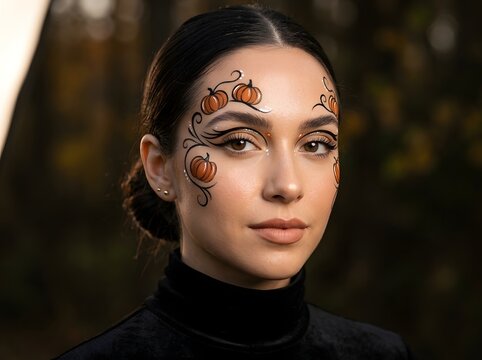 Young woman with artistic pumpkin face paint makeup for a festive autumn holiday event