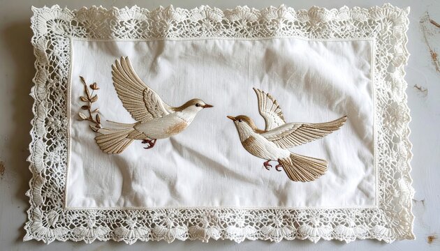 Square white linen handkerchief embroidered with delicate flying birds and wide lace border, vintage textile craftsmanship, soft natural lighting