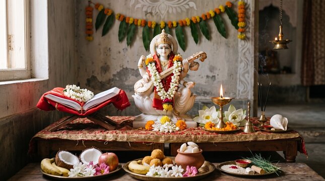 Saraswati Avahan Puja with Goddess Saraswati Idol, Veena, Books and Traditional Offerings