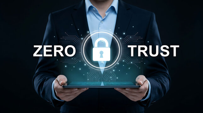 Businessman holding tablet with zero trust cyber security architecture concept