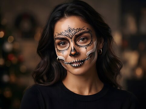 Young woman with artistic skull face paint for day of the dead celebration portrait