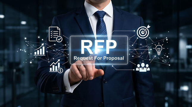 Businessman Touching RFP Request For Proposal Button On Futuristic Virtual Screen