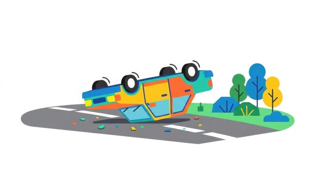 Overturned car after accident on a road illustration