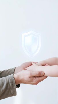 Healthcare Insurance Protection Shield with Adult Hand Supporting Child Hand, Family Security, Trust, Care, and Support Concept for Health Coverage