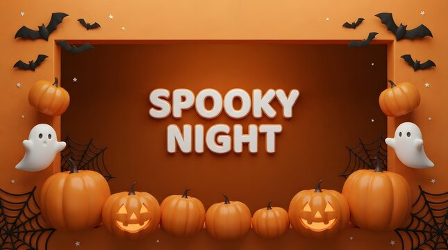 Spooky night halloween background with pumpkins bats and ghosts in orange and brown
