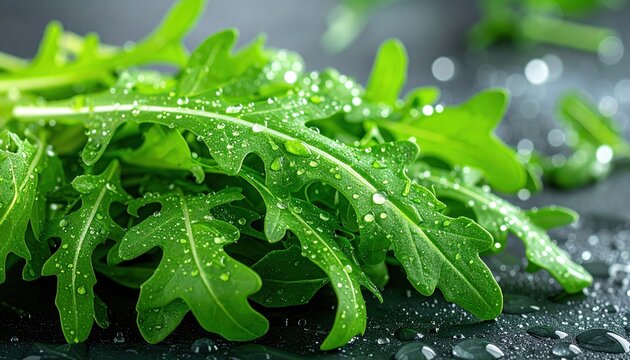 Fresh arugula leaves covered with water droplets, healthy organic salad ingredient, realistic food photography, isolated object, commercial stock image