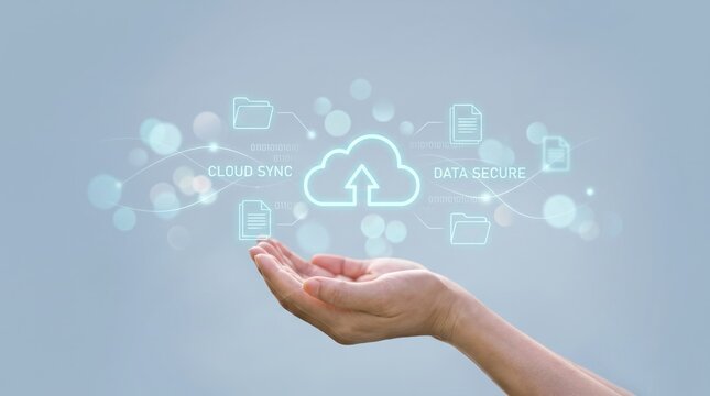 Human hand holding virtual cloud computing icon with upload arrow symbolizing cloud sync and data security concepts, digital storage protection and network connectivity