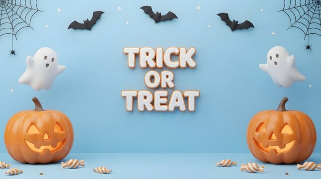 Trick or treat halloween background with pumpkins ghosts bats and spider webs on blue
