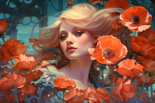 Poppy and flowers art photography portrait.