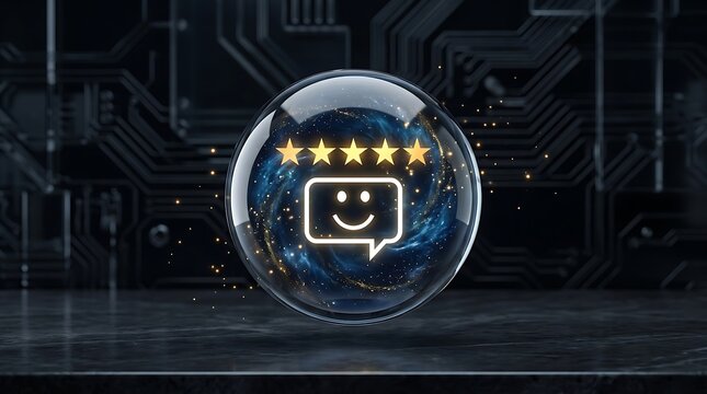 Smiley face emoji on futuristic digital screen with colorful lights and circuit pattern