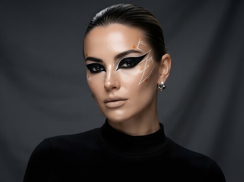 Beautiful woman with creative black graphic eyeliner and artistic face paint portrait
