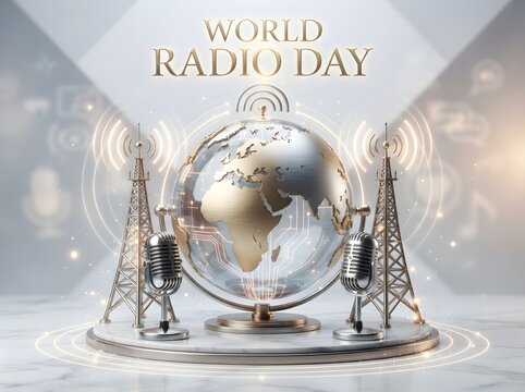 World radio day concept with a metallic globe and old microphones and antenna towers