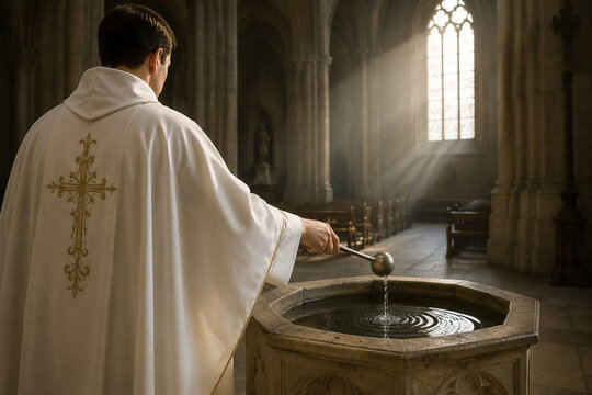 Priest in white robe blessing holy water at stone font, sanctifying ritual in empty church interior