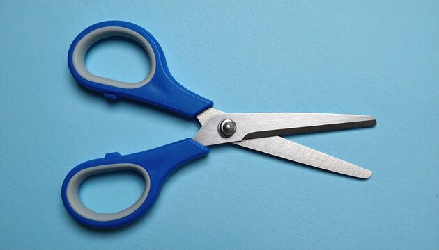 Blue-handled household scissors with stainless steel blades, stationery and craft tool photography