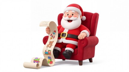 Fototapeta premium 3D illustration of a Santa Claus figure seated in a red armchair, reviewing a long unrolled paper scroll list for the holidays.