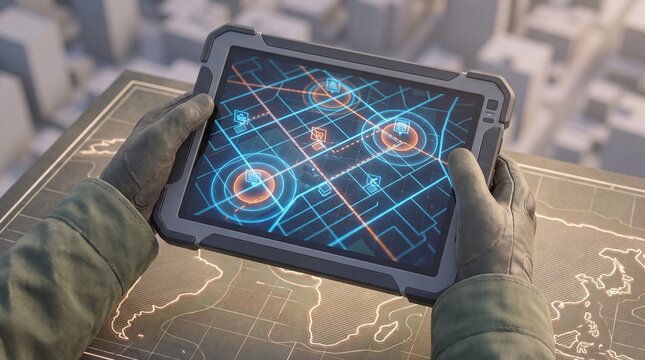 A person wearing gloves holds a tablet with a futuristic map on the screen