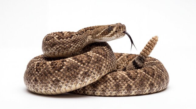 Coiled rattlesnake with colorful scales and rattle tail