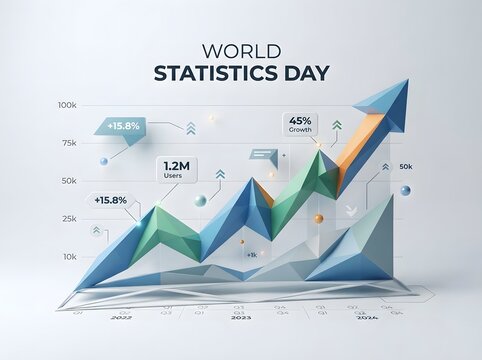 World statistics day colorful 3d bar chart showing business growth and market trends
