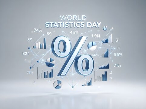 World statistics day concept with 3d percent sign and business data charts