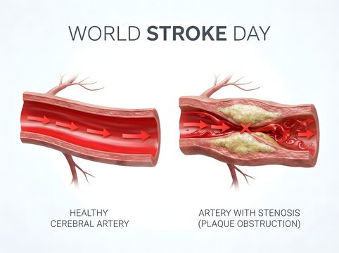 Medical illustration showing a healthy artery and a blocked artery with plaque stenosis