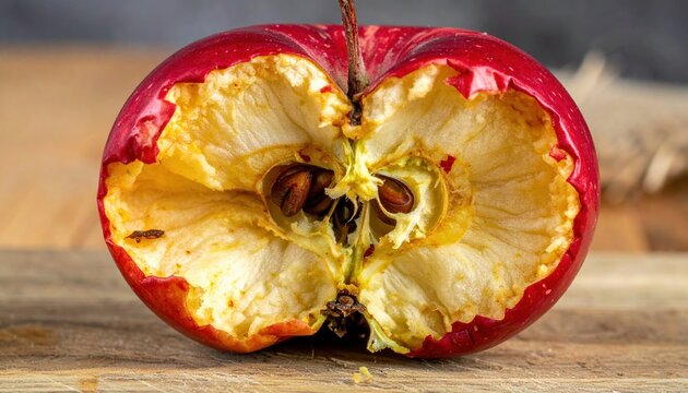Bitten red apple core with visible seeds, food waste and composting concept