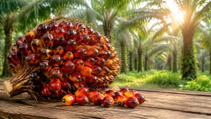 Fototapeta premium Oil palm fruit bunch placed on wooden table in plantation