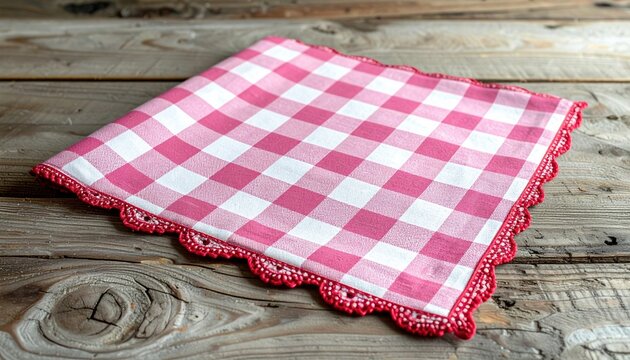 Pink and white gingham cloth napkin with red scalloped border, visible cotton fibers, charming farmhouse table textile