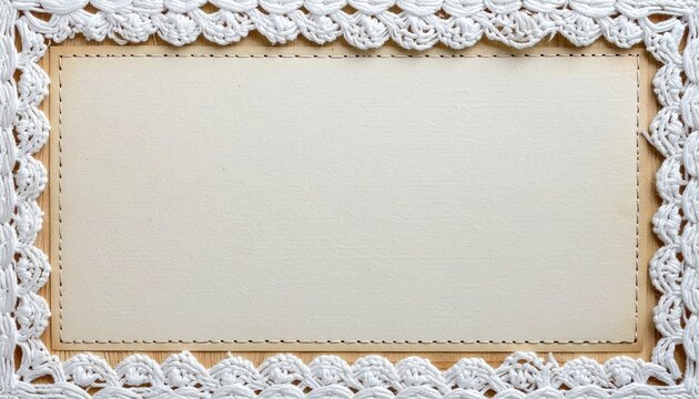 blank rectangular paper note stitched to white tatting lace border, intricate loop pattern, handmade textile and paper texture