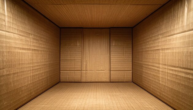 Inside view of an empty brown corrugated cardboard shipping box, detailed folded edges and corrugated interior, realistic packaging photography, soft studio lighting, full frame