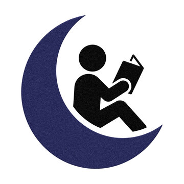 Minimalist icon of a person sitting on a crescent moon reading a book, isolated on transparent background