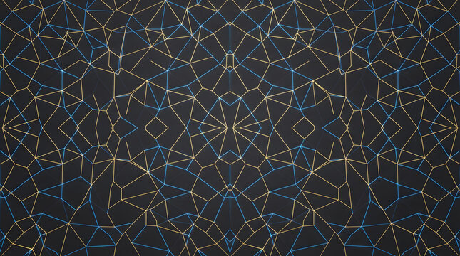 Seamless abstract geometric Voronoi wireframe mesh pattern with glowing gold and blue neon lines on charcoal background
