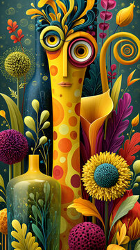 Abstract weird colorful flowers and colorful characters with vibrant shapes and patterns in a modern art style