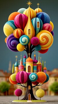 Colorful whimsical tree with a big temple castle in a town